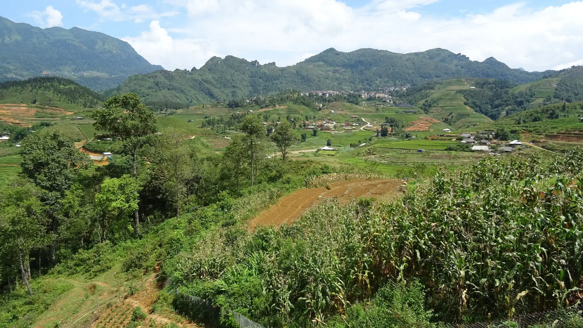 Sunlit fields and mountain slopes in the wider Sapa region