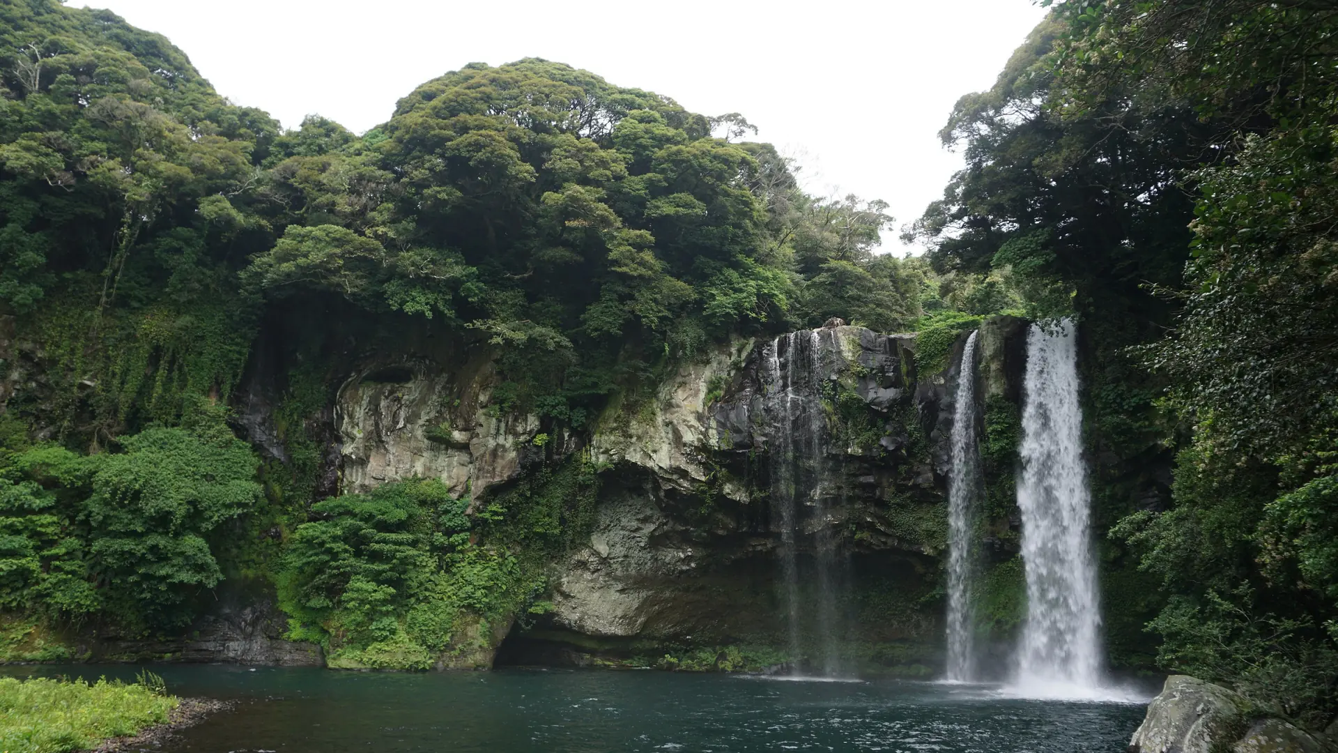 Cheonjiyeon Waterfall dropping into a pool through a lush green subtropical gorge under bright daylight, Seogwipo, southern Jeju Island