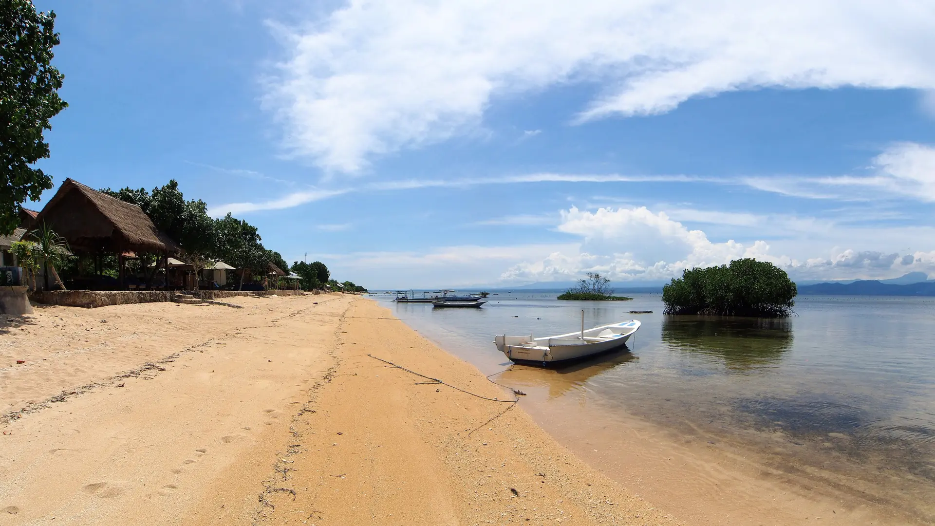 White boat beside a sandy beach and mangroves on the wider north coast of Nusa Lembongan