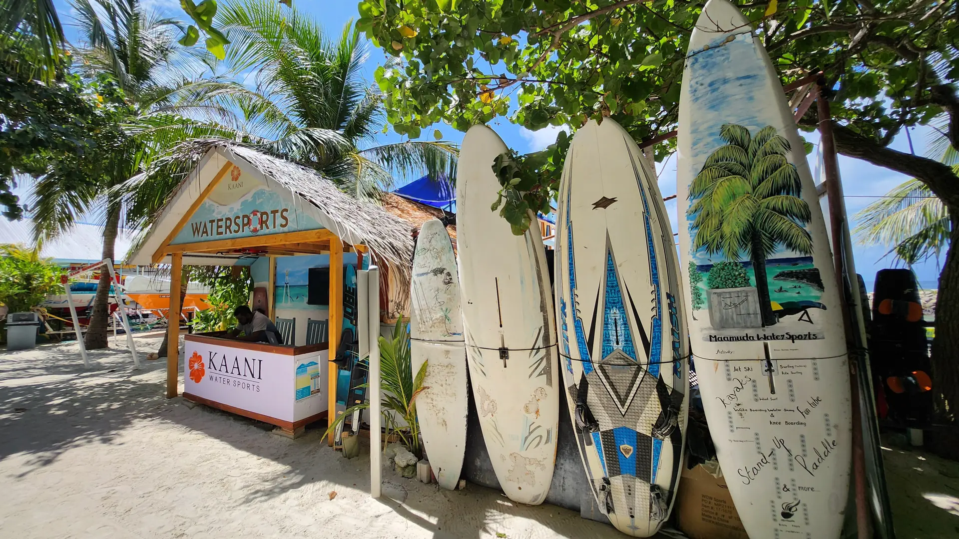 Kaani Watersports boards beside the visitor beach on Maafushi