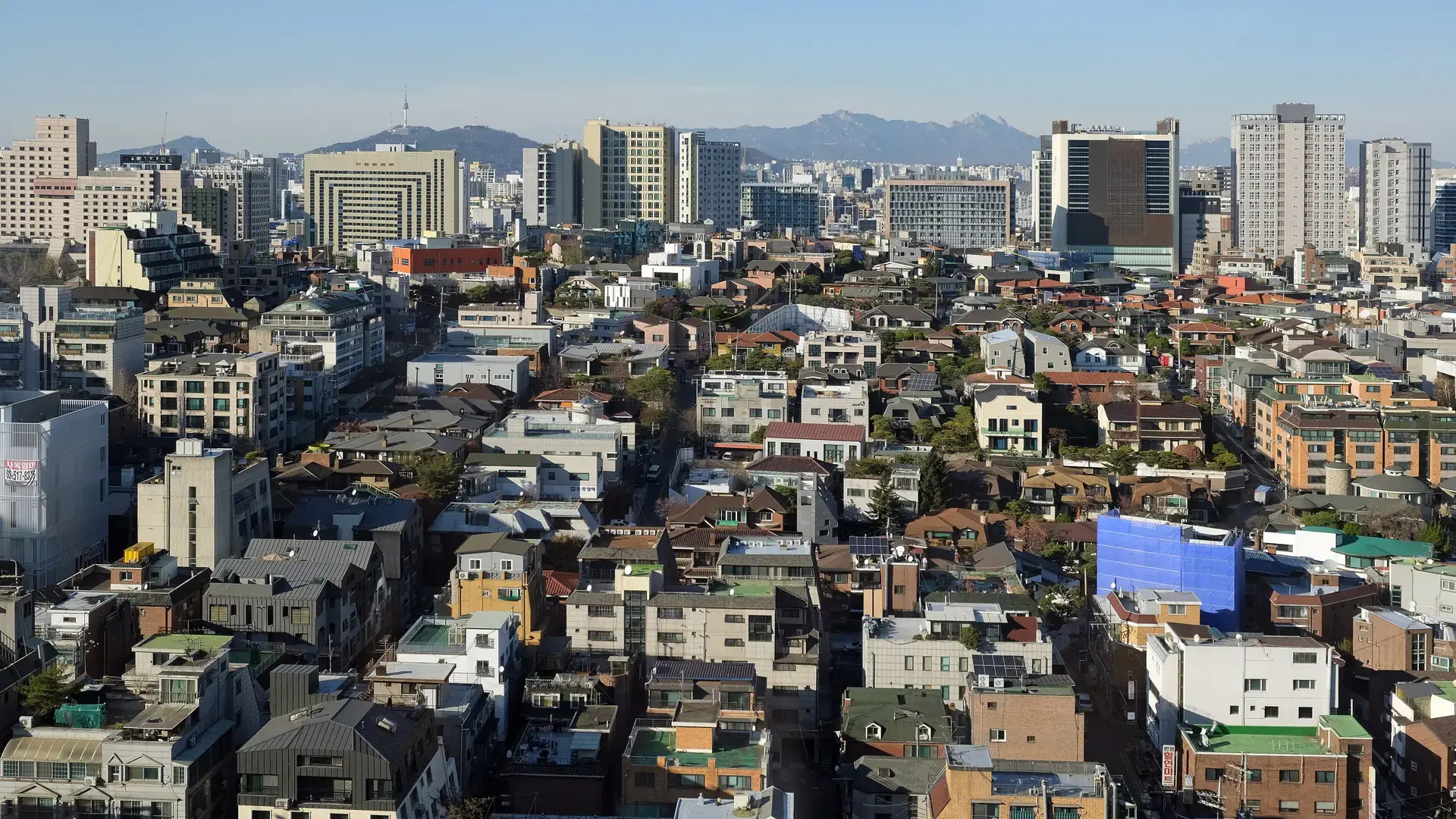 A daylight view over Yeoksam rooftops and office buildings in Gangnam, Seoul