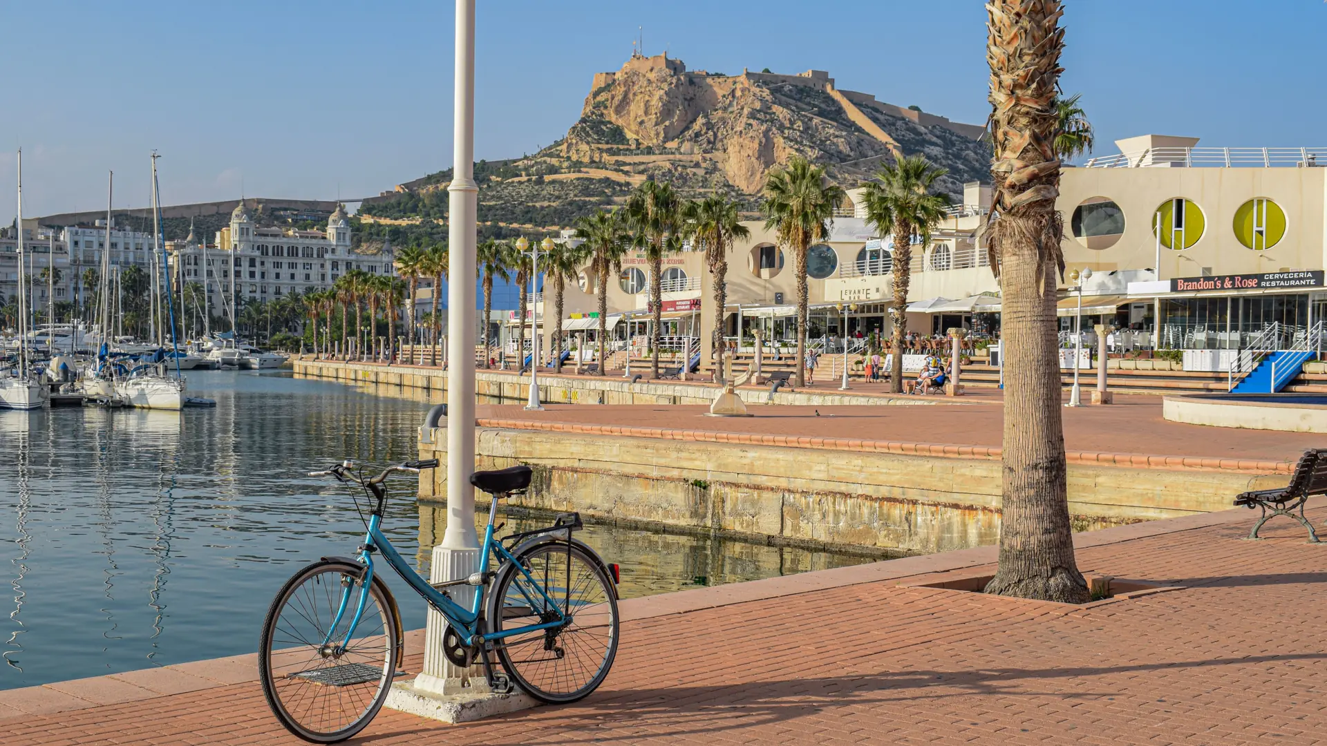 Alicante’s palm-lined waterfront below Santa Bárbara Castle and Benacantil hill
