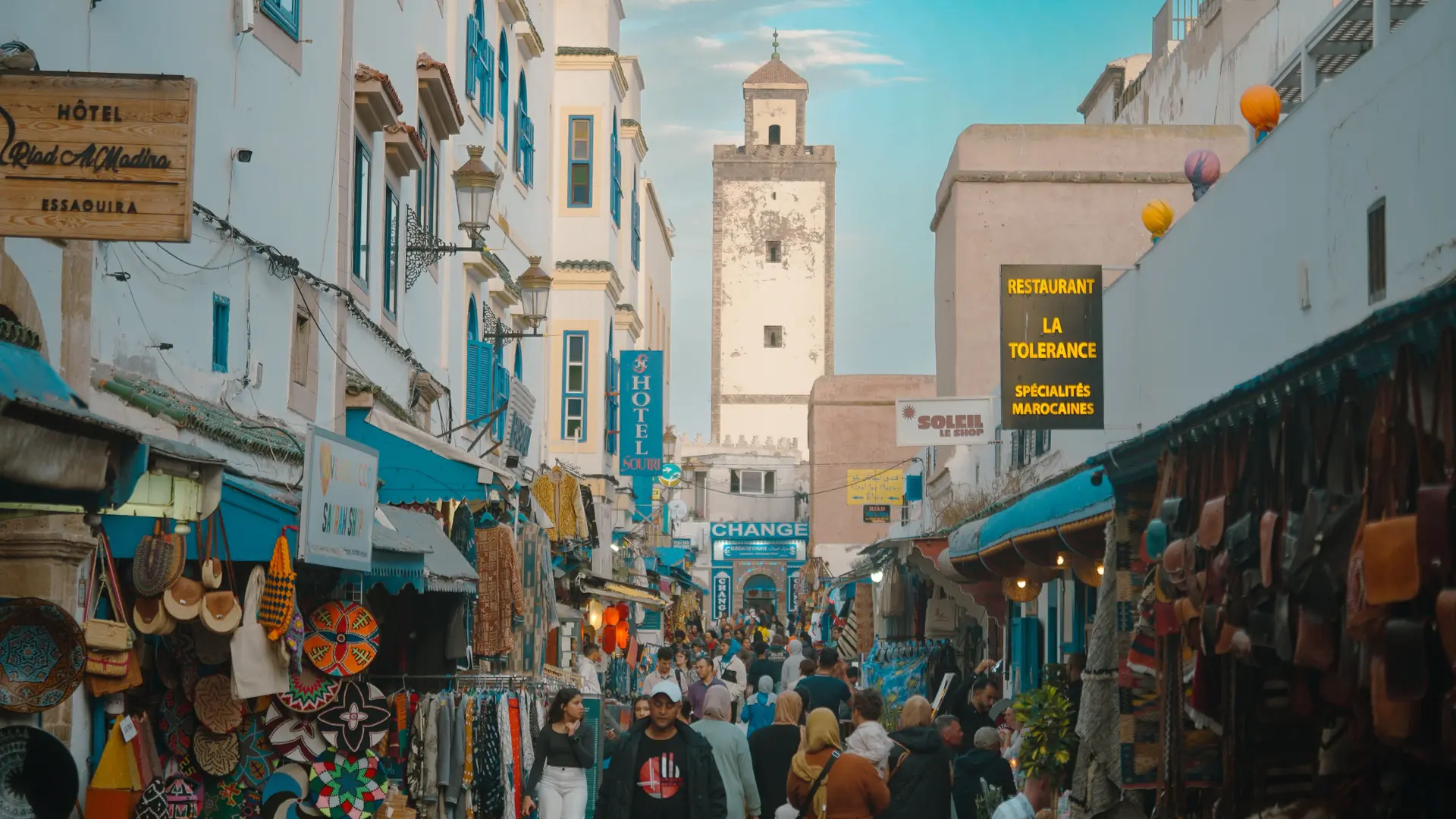 Market street in Essaouira medina, the city inland Ghazoua visitors travel into
