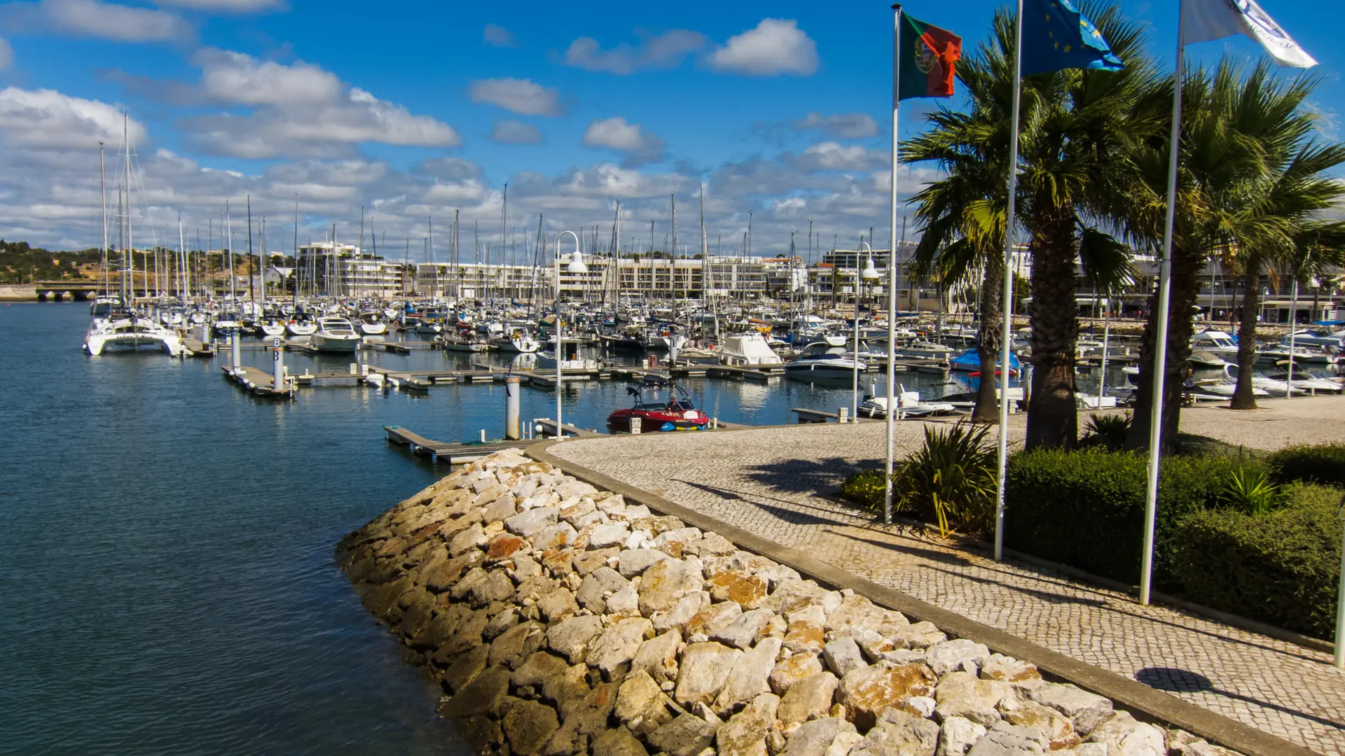 Sailing boats in Marina de Lagos beside a palm-lined quay and flags under a blue sky