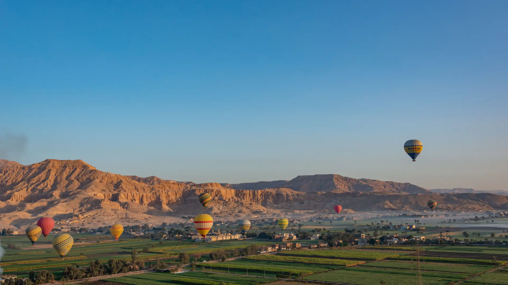Hot air balloons above green West Bank fields in Luxor
