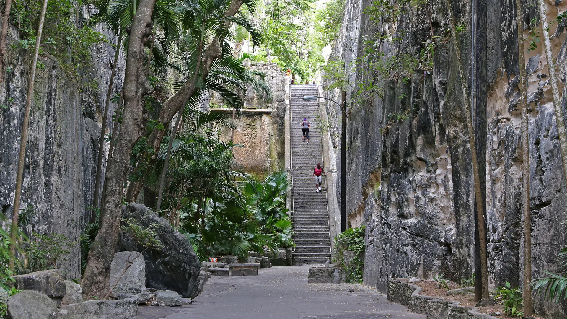 The Queen’s Staircase between limestone walls in Nassau