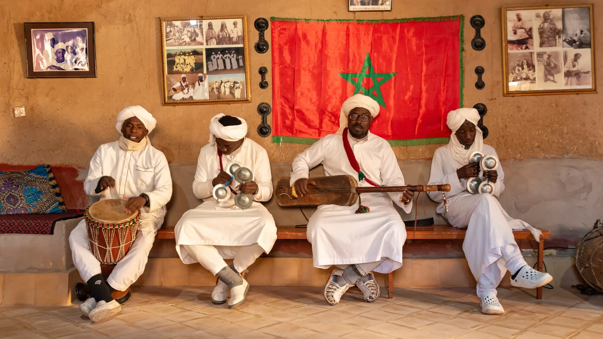 Gnawa musicians performing together in Khamlia village