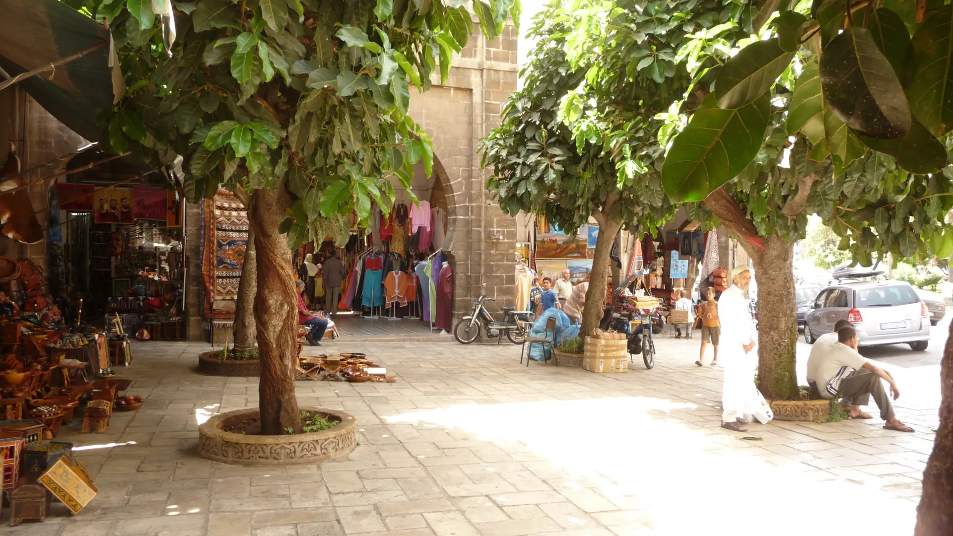 Shaded leafy square in Casablanca Habous in daylight