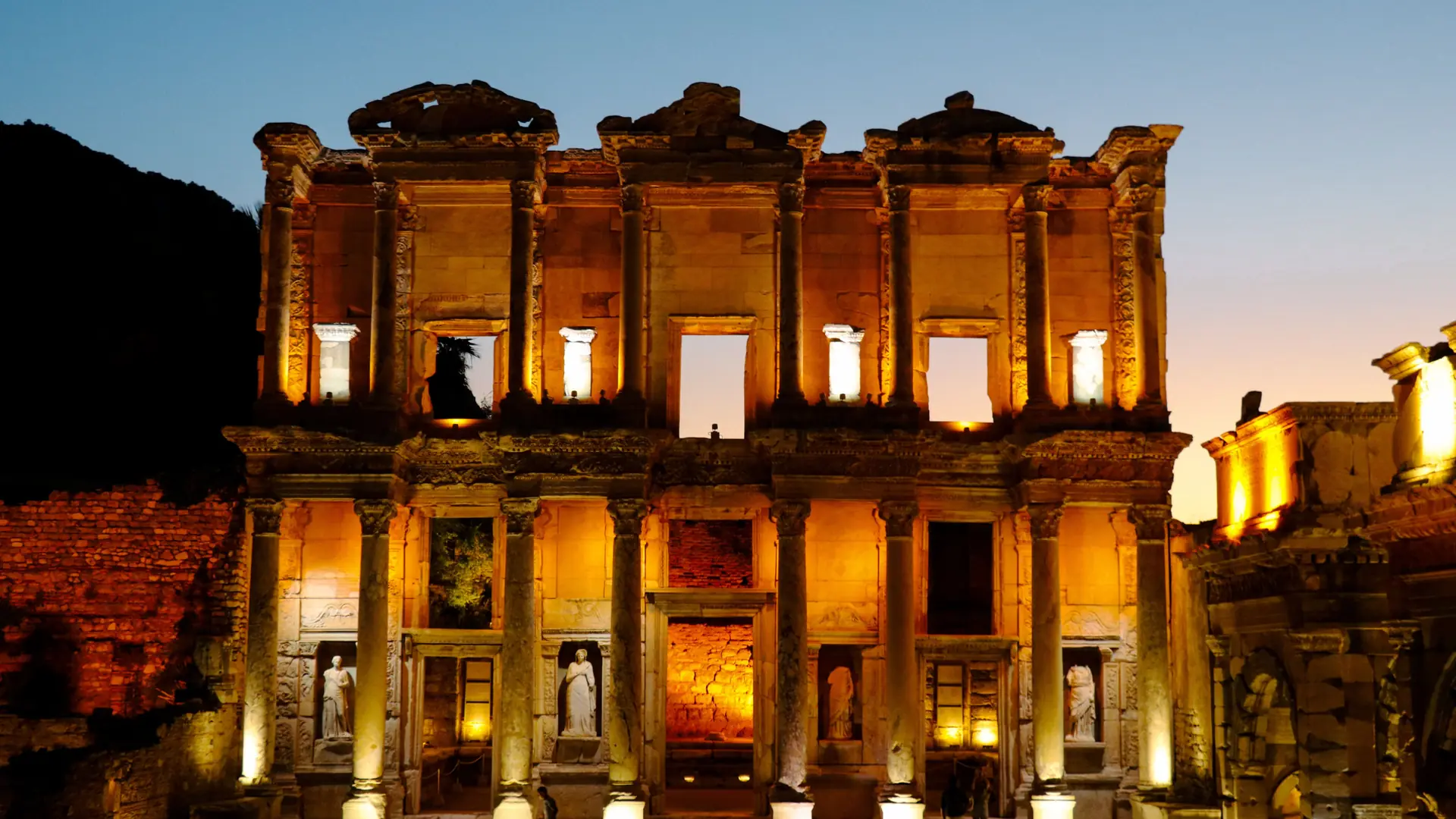 Library of Celsus glowing after dusk at Ephesus