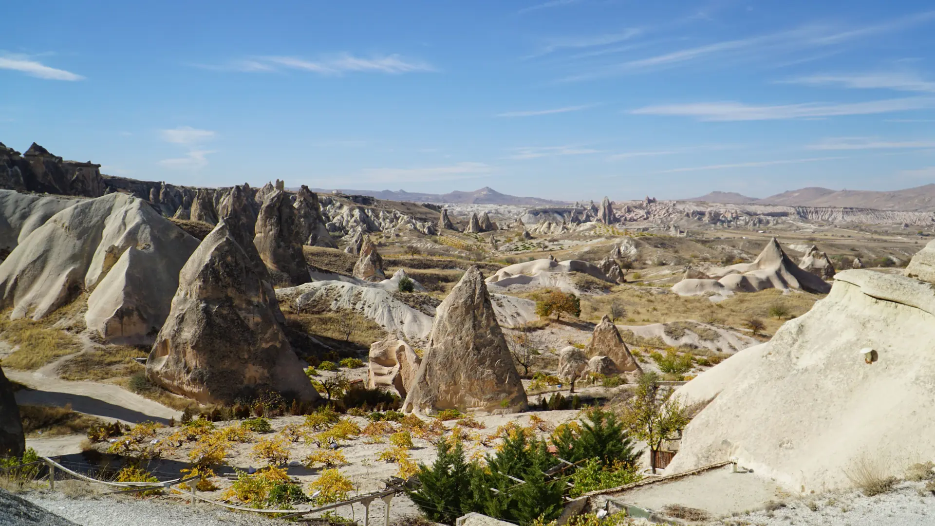 Sunlit Cappadocia valleys and rock formations near Göreme