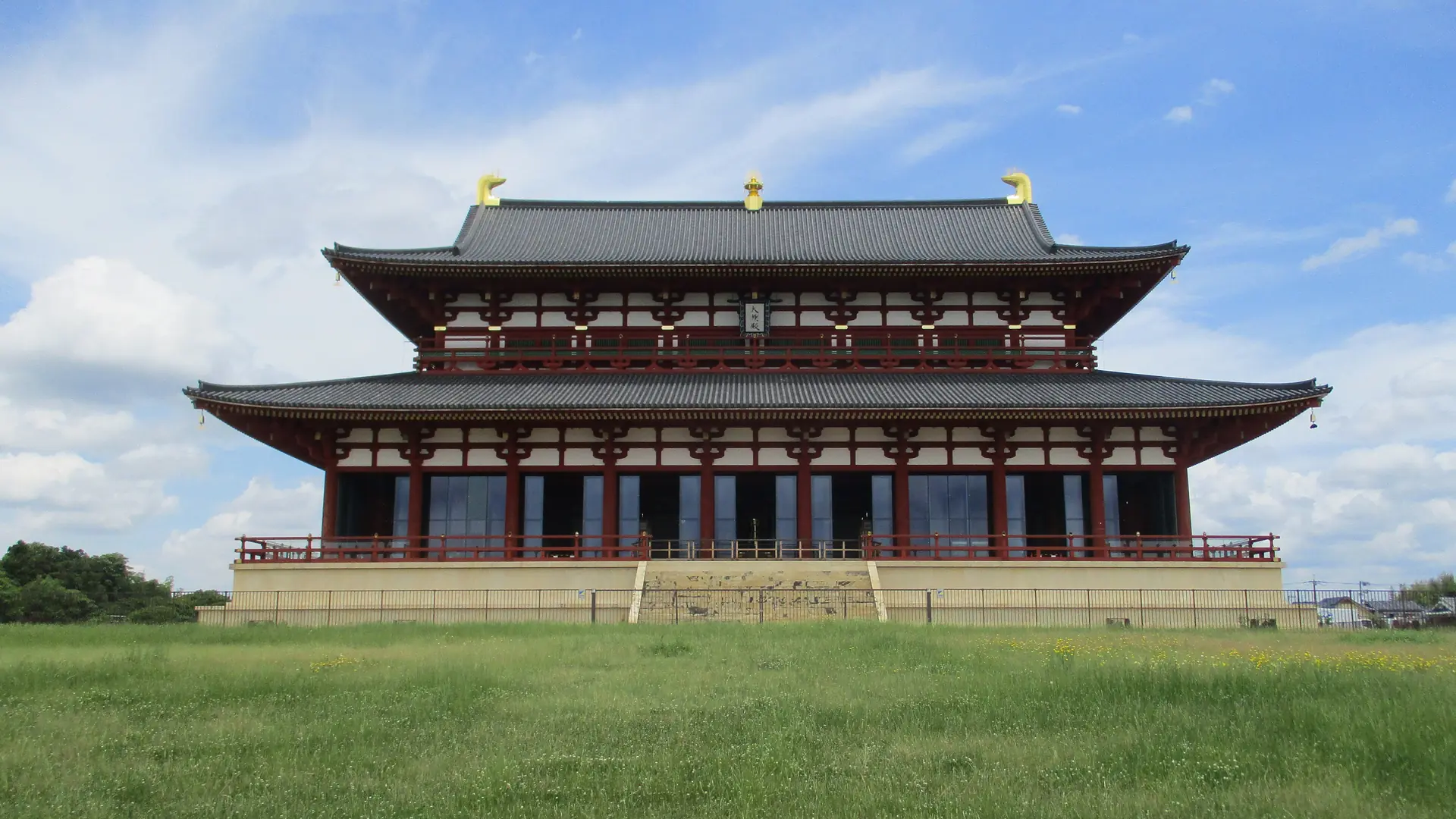 Heijo Palace reconstruction under a vivid blue sky in western Nara