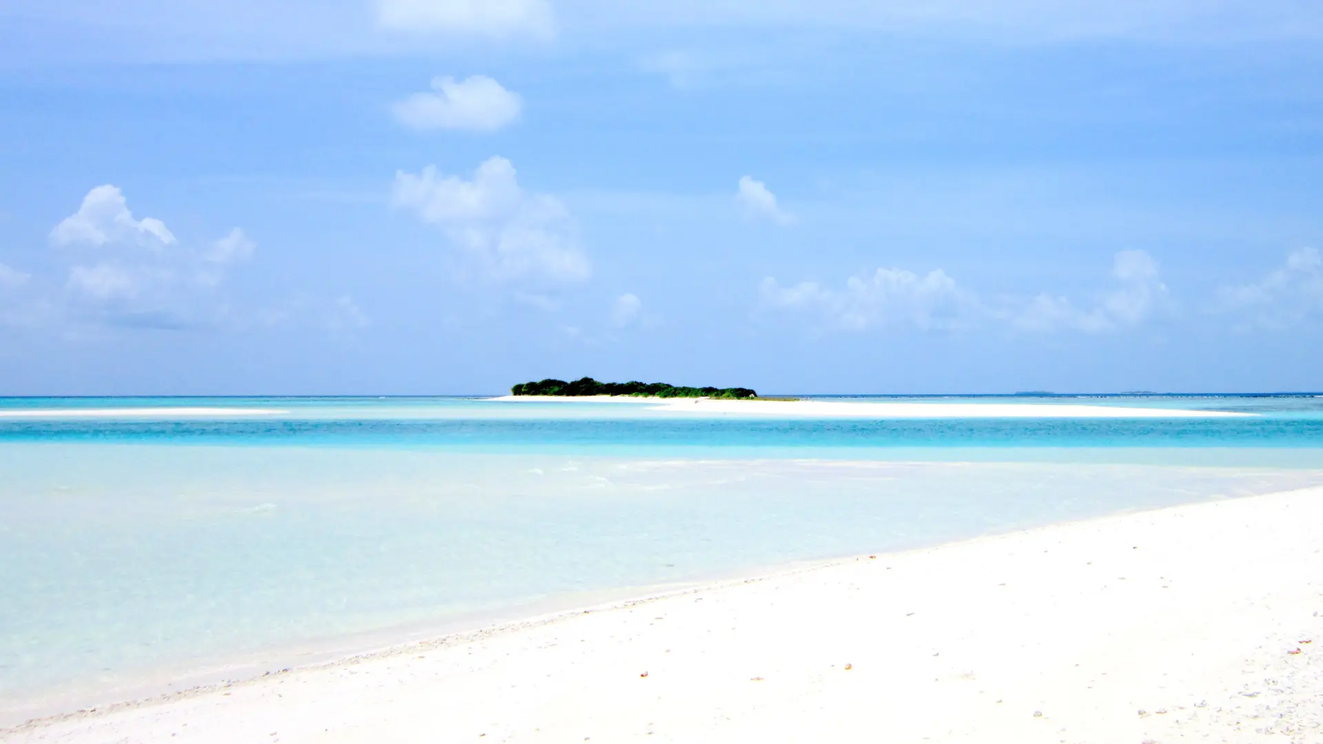 White beach overlooking an islet and lagoon near neighbouring Mathiveri, North Ari Atoll