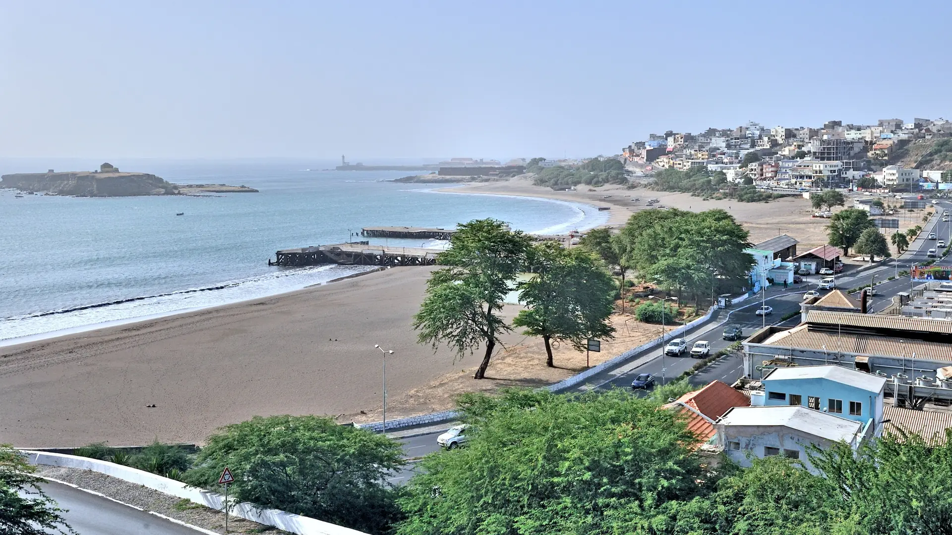 Sunny Praia coastline and Santa Maria islet on Santiago