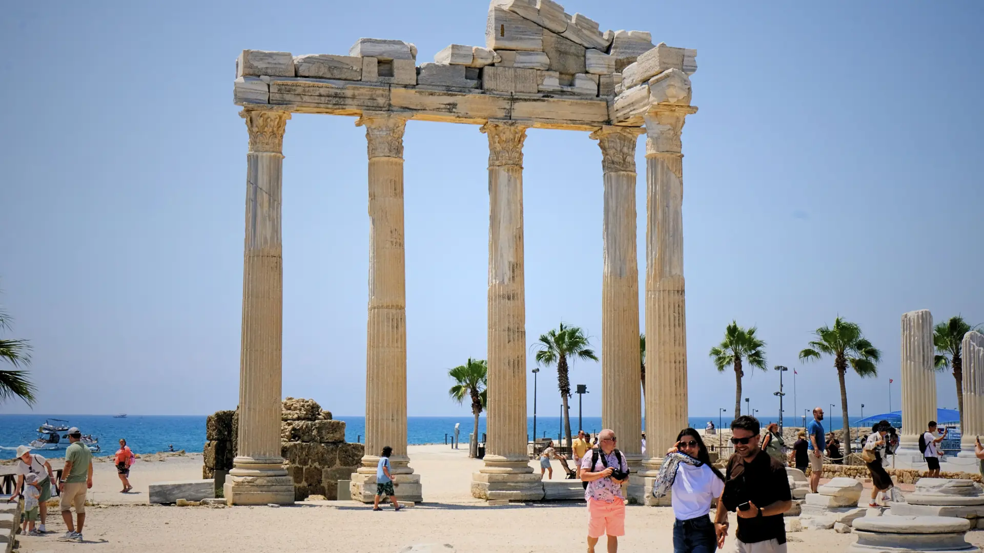 Temple of Apollo columns beside Side harbour in clear Mediterranean light