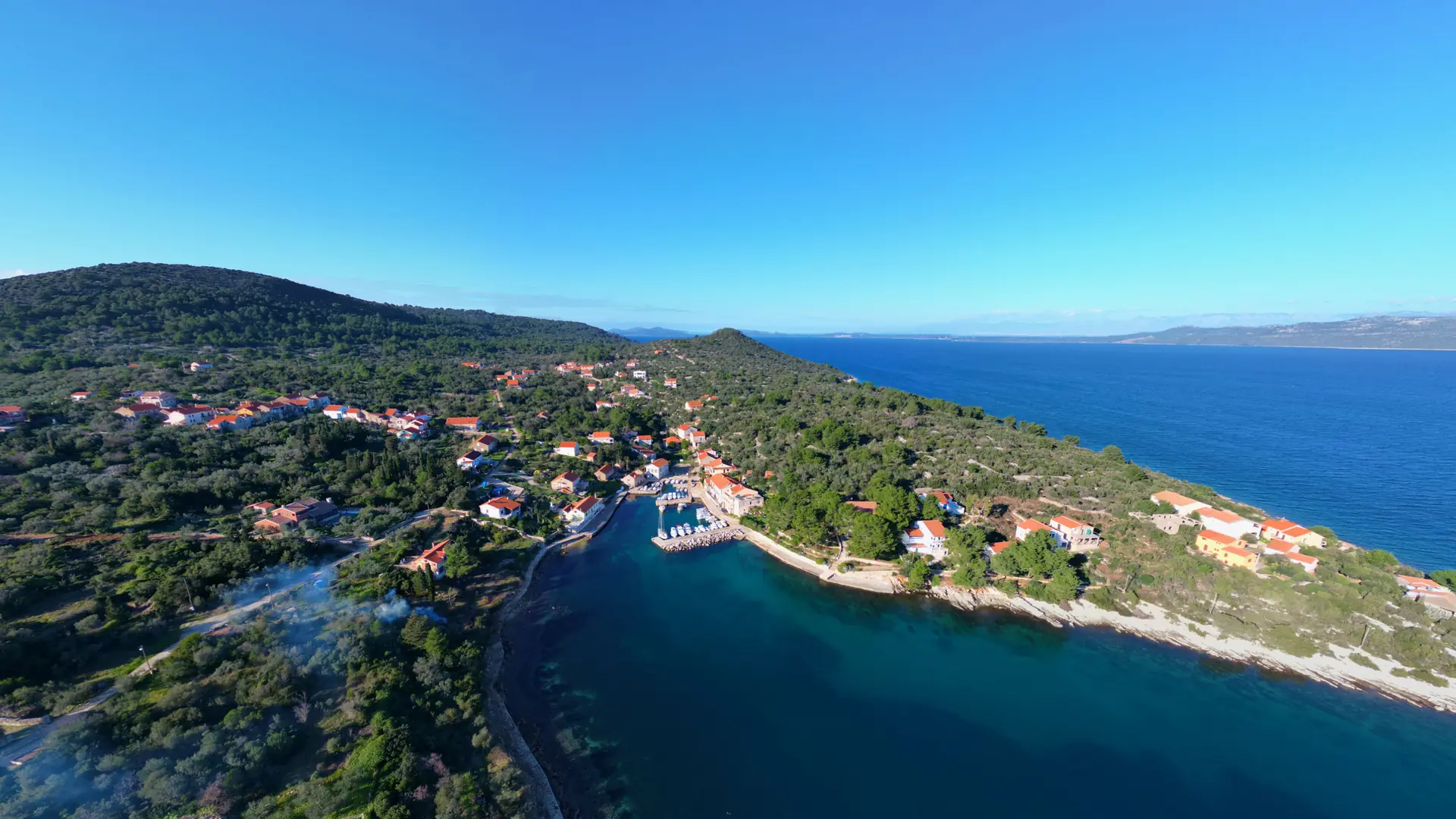 An aerial view of a pine-covered Zadar-area coastline with a marina and clear turquoise water