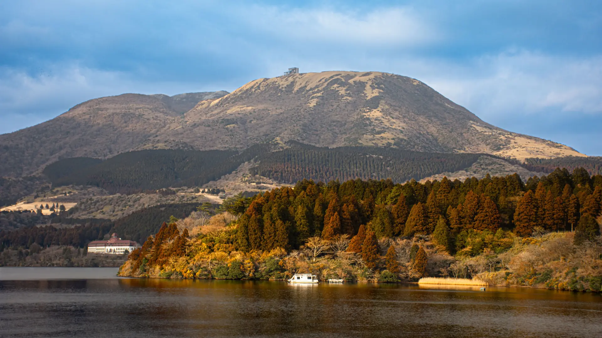 Sunlit autumn woodland beside Lake Ashi, with Hakone’s mountains beyond