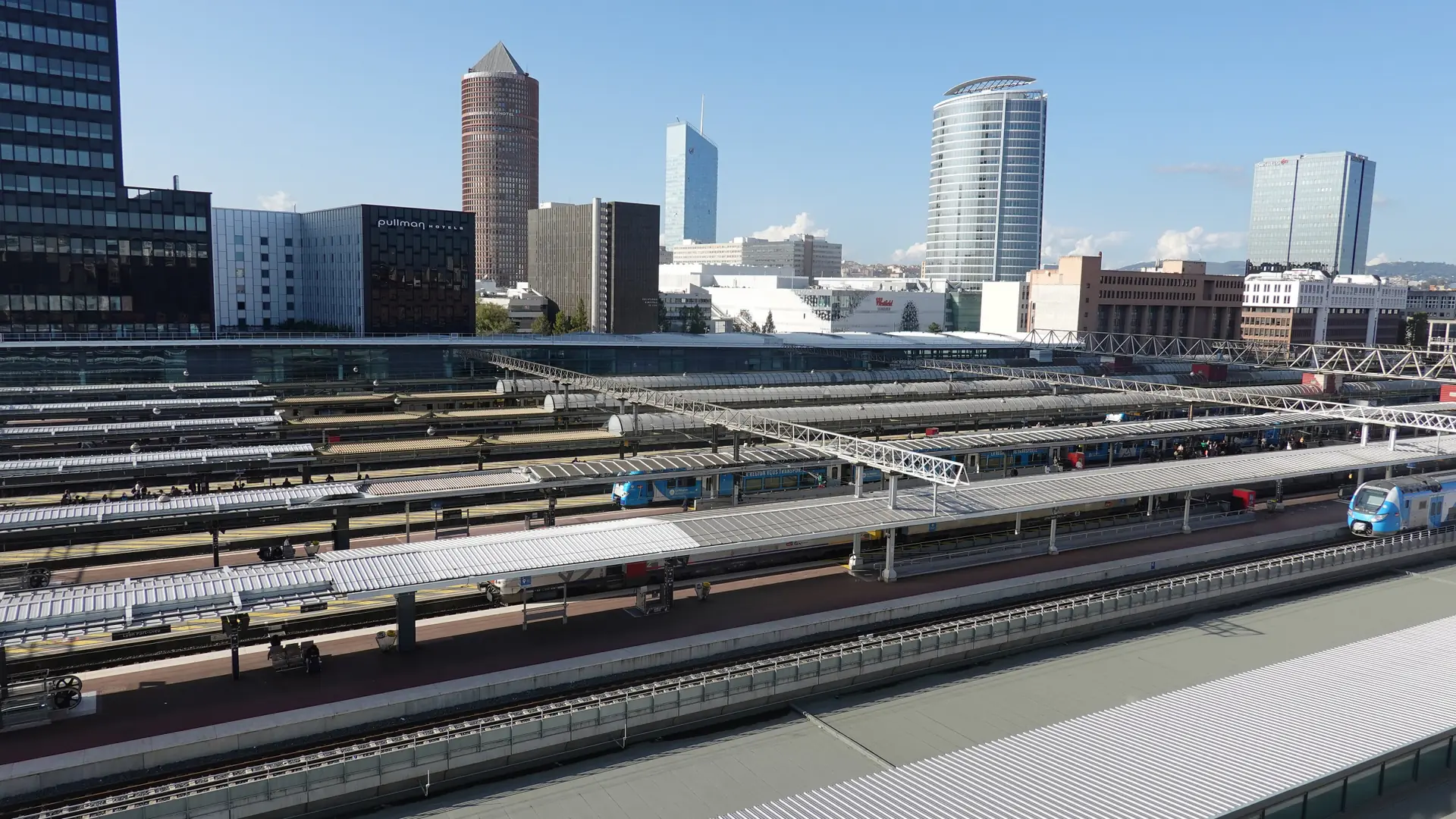 Part-Dieu station tracks and the district’s towers in daylight
