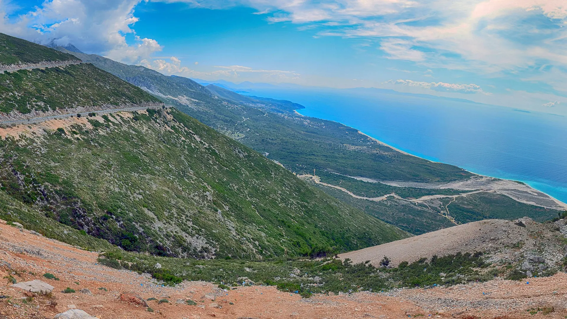 The Albanian Riviera coastline seen from the Llogara Pass road on a sunny day
