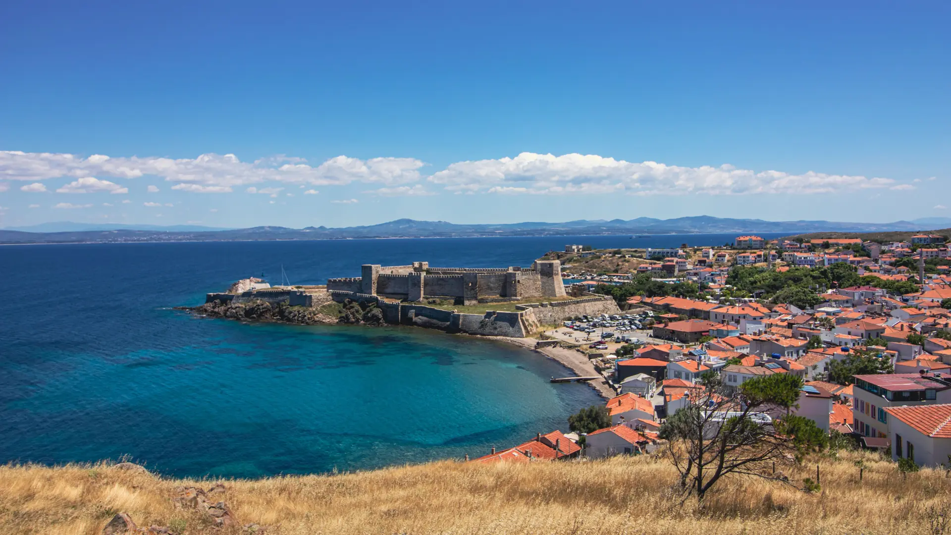 Bozcaada Castle beside the harbour and red-roofed island town in daylight
