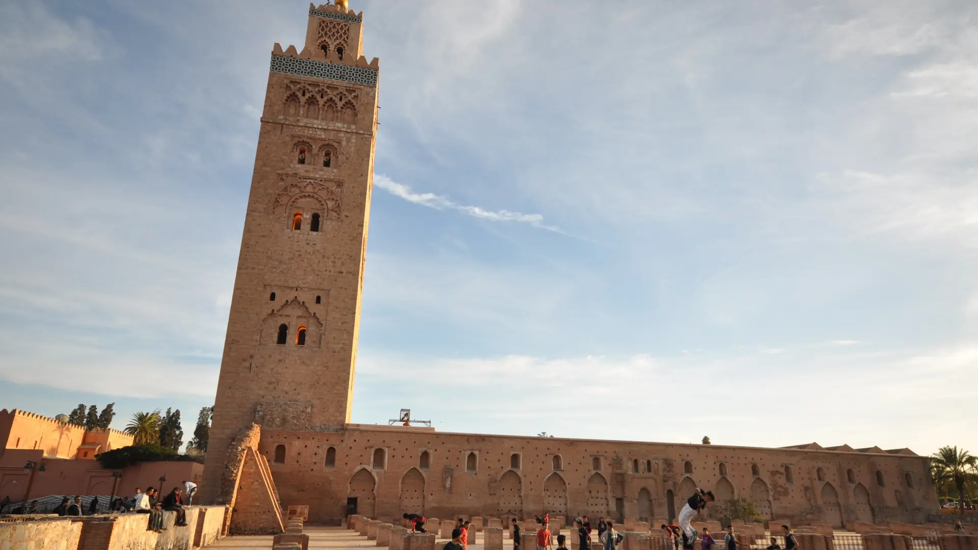 Koutoubia minaret and sunlit mosque walls in Marrakech