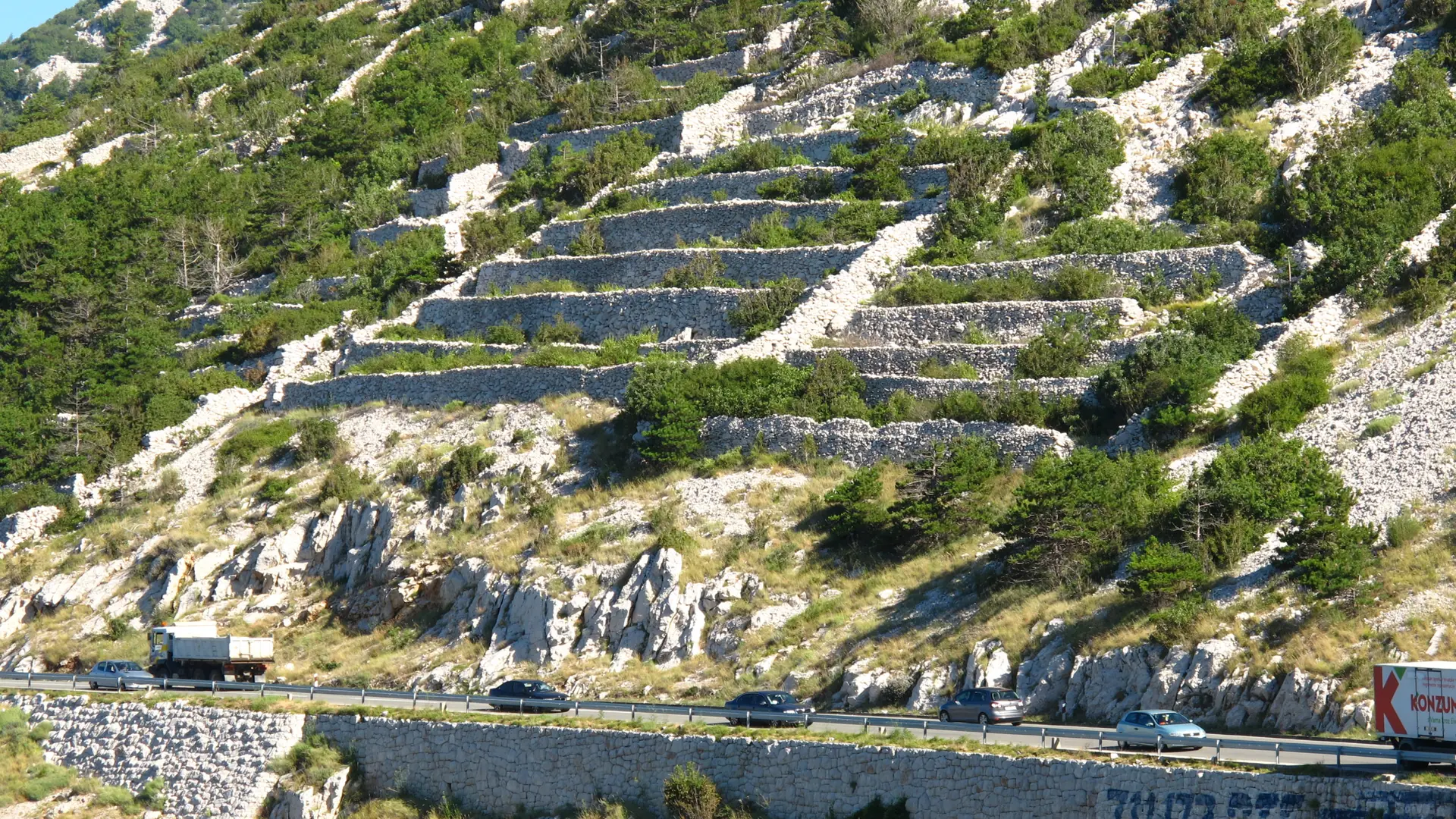 The Adriatic Highway winding past dry-stone terraced hillsides on Croatia's coast