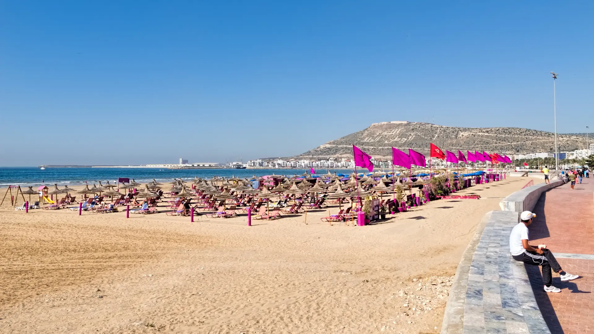 Agadir’s long sandy bay curving beneath a bright Atlantic sky