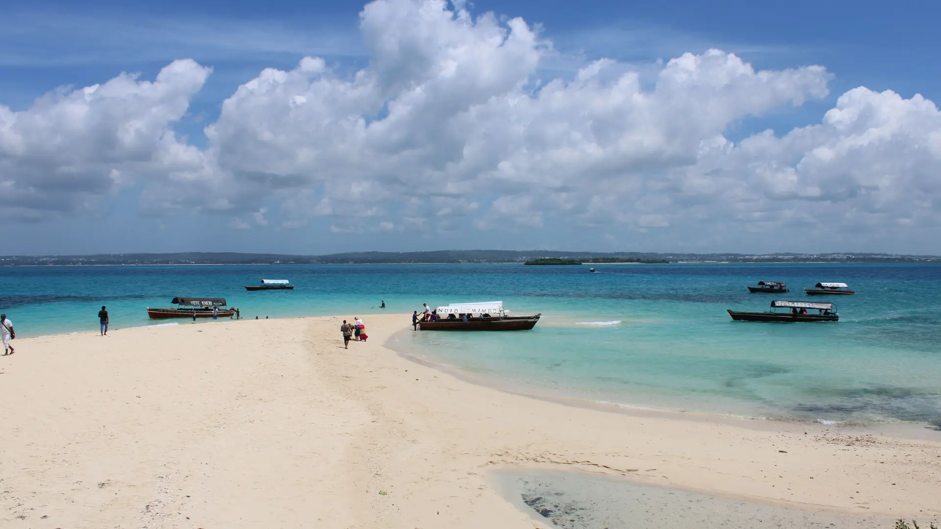 White Zanzibar Island beach beside clear turquoise water in bright daylight