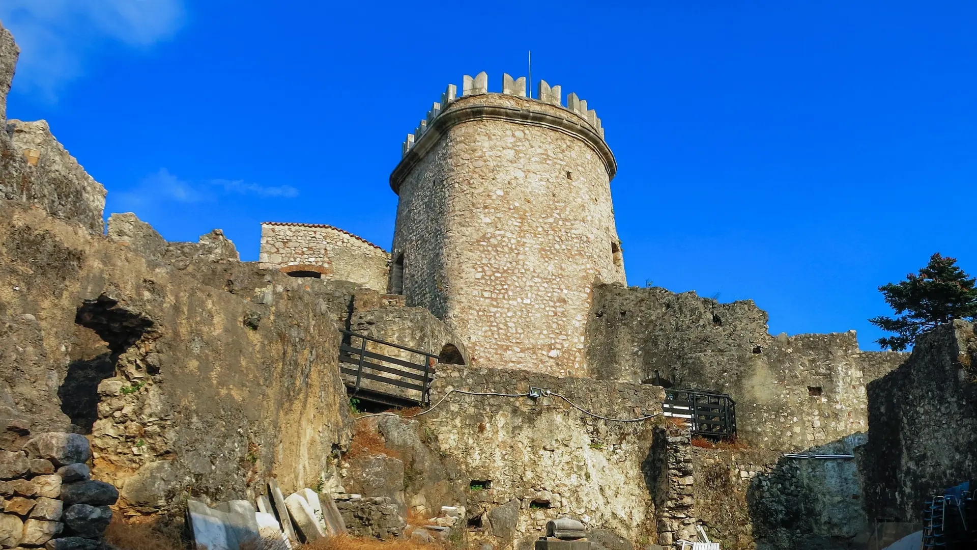 A round stone tower and walls at Trsat Castle in Rijeka
