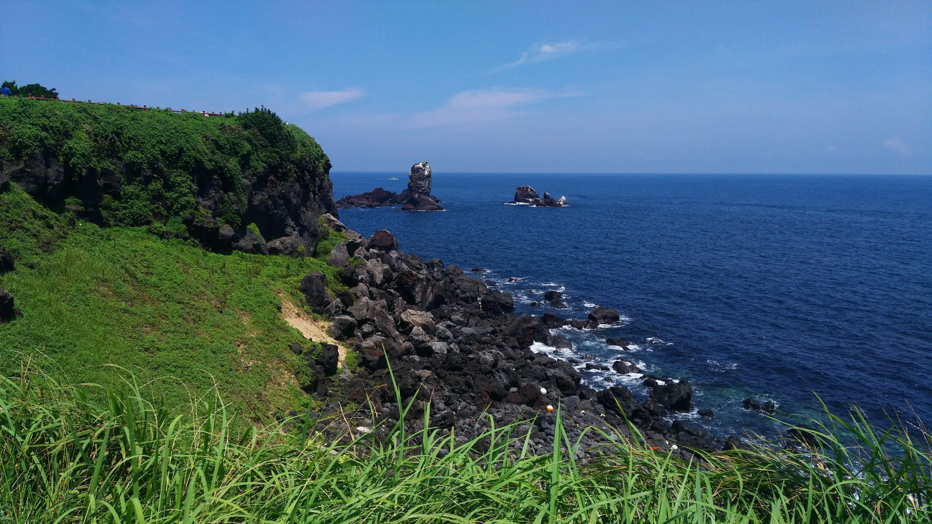 Seopjikoji headland's grassy volcanic cliffs and offshore sea stacks under a clear blue sky near Seongsan, Jeju