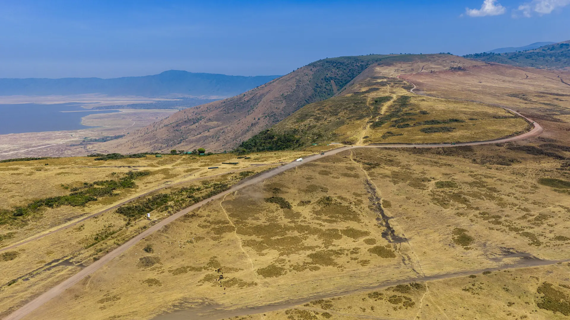 Sunlit Ngorongoro Crater rim and caldera in northern Tanzania, reached from Karatu