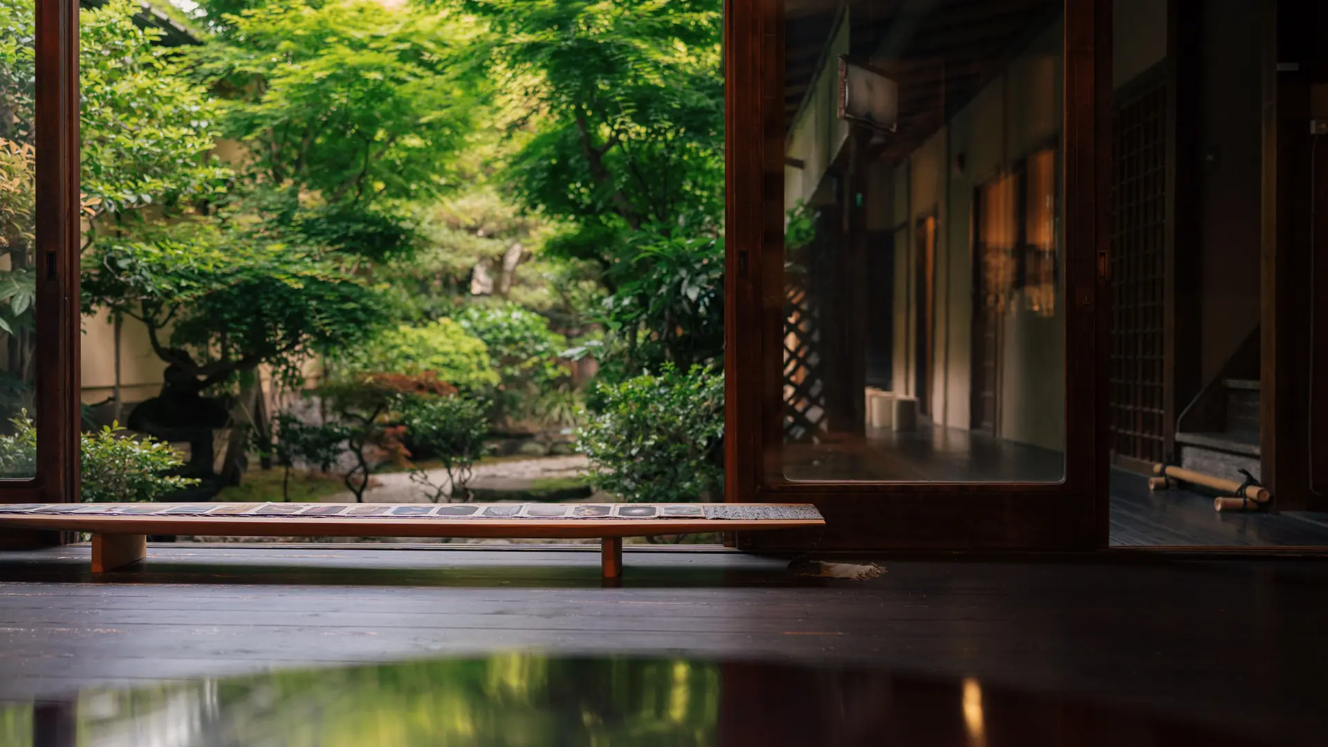 Temple rooflines and maple trees in Kyoto at first light