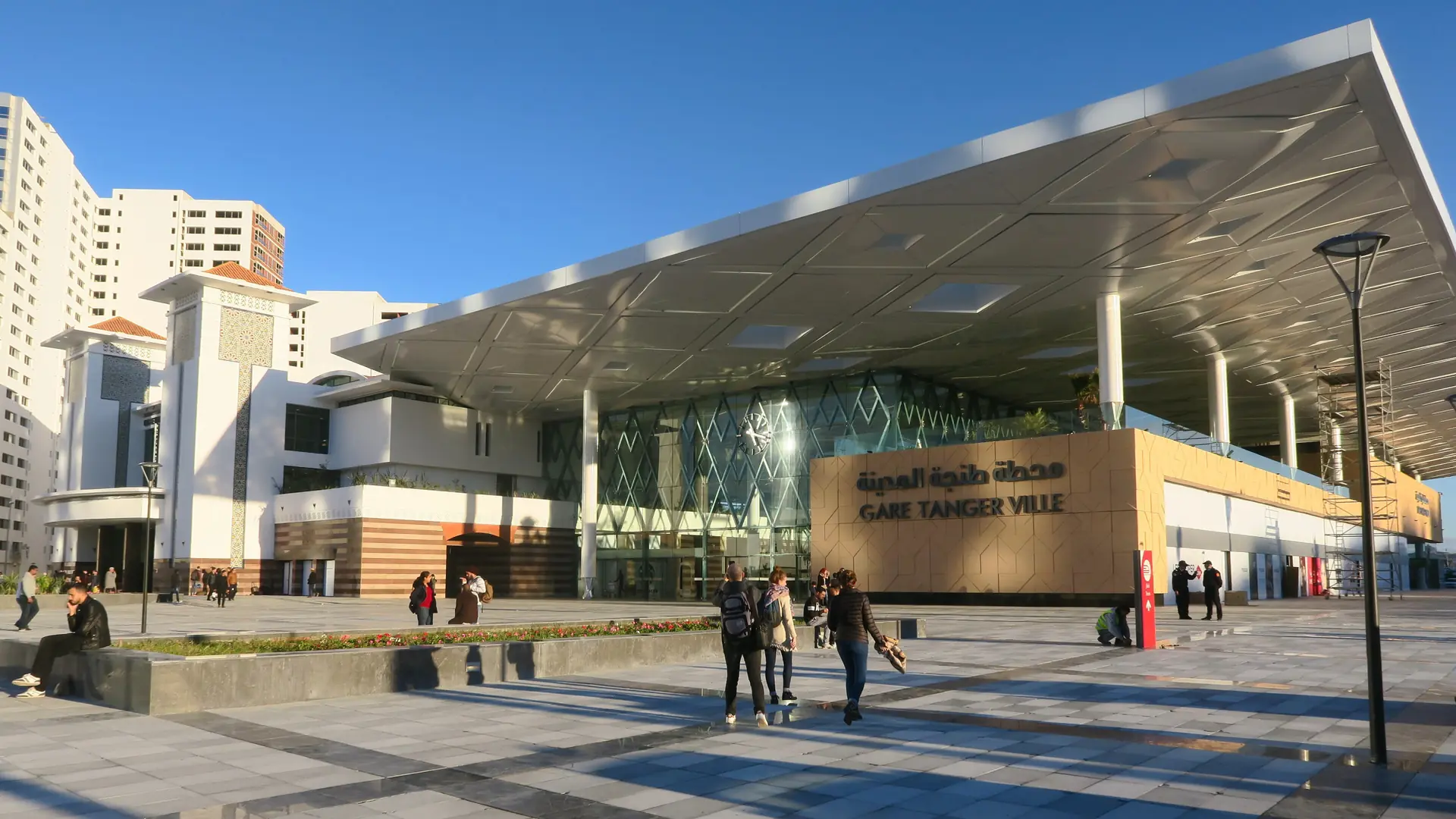 Modern Tanger Ville station exterior in clear daylight