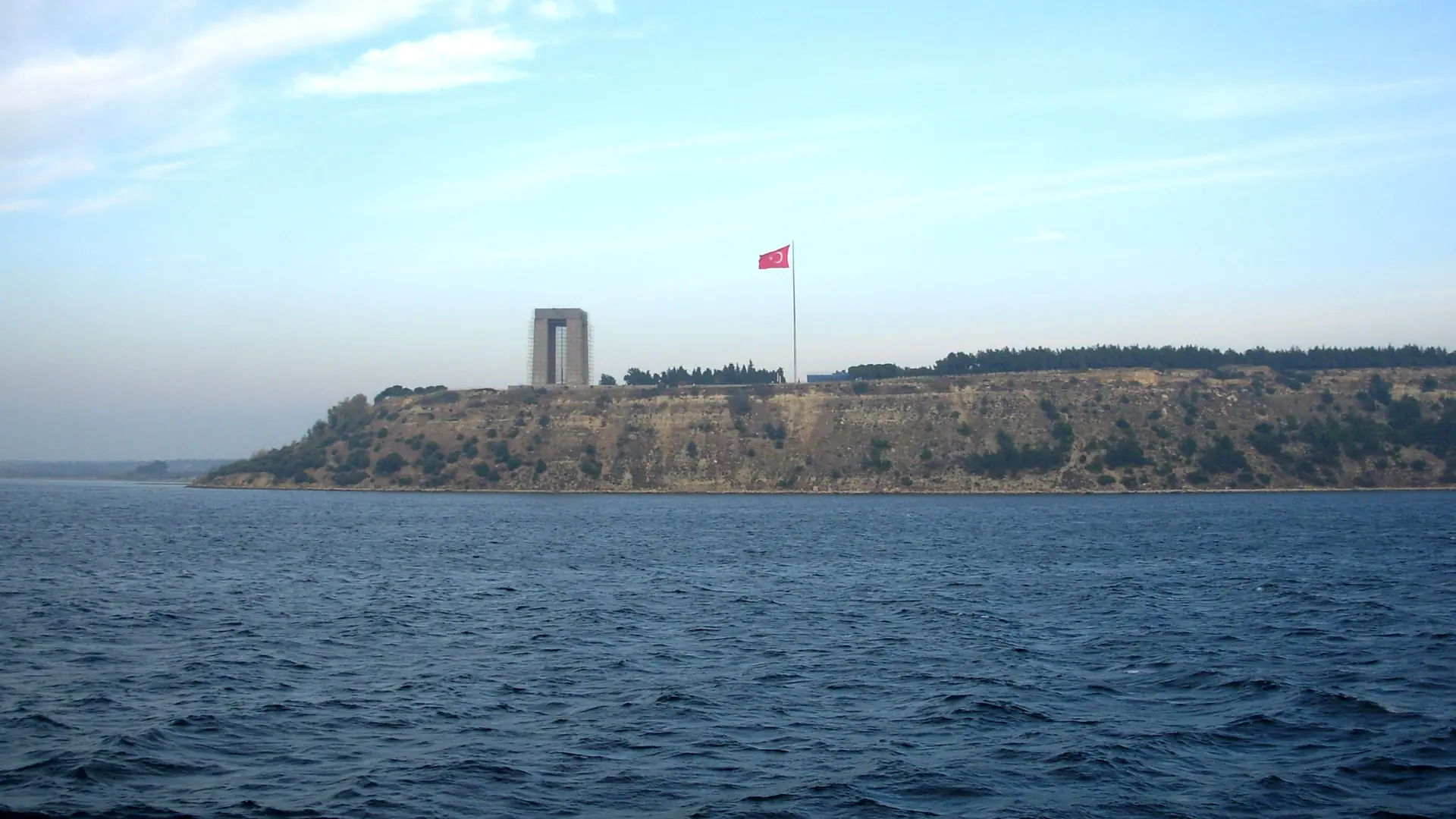 Çanakkale Martyrs Memorial seen across the blue Dardanelles