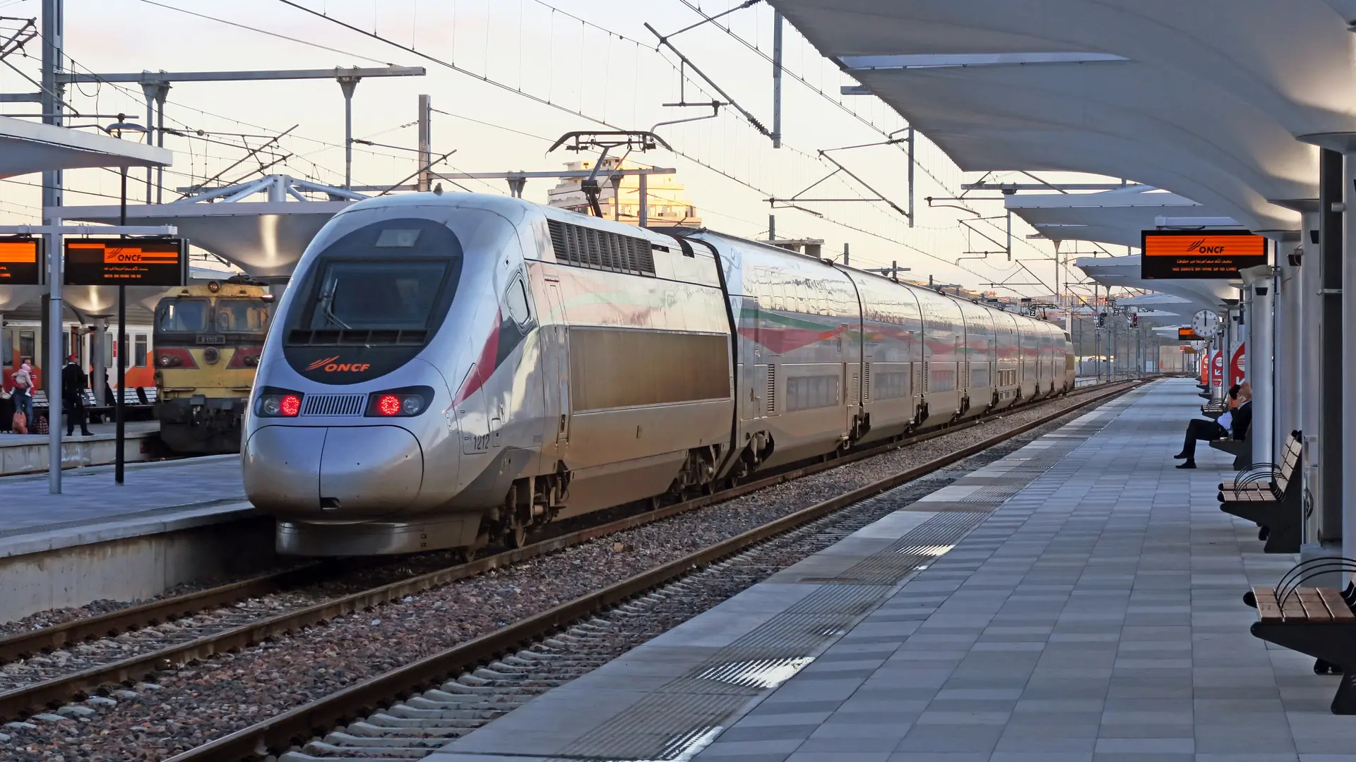 Al Boraq high-speed train at Tanger Ville station in daylight