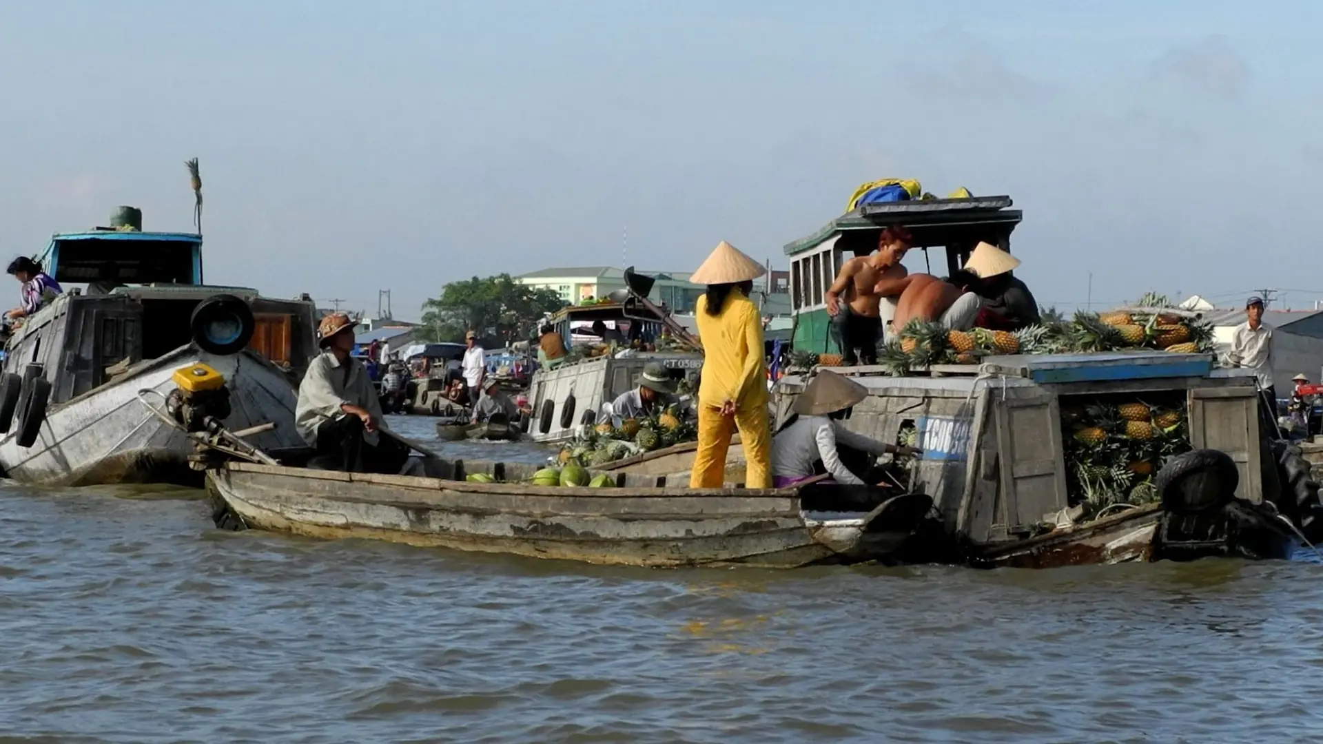 Traders and pineapple-laden boats at a Can Tho floating market, a wider city scene