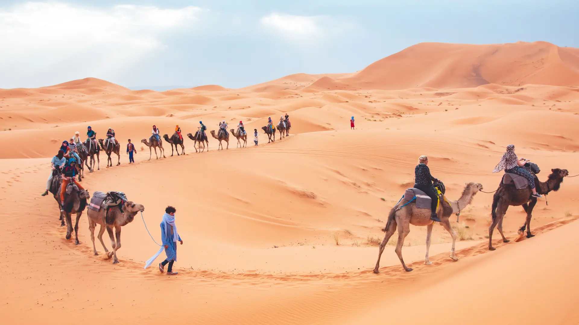 Camel caravan crossing sunlit dunes near Merzouga in Morocco
