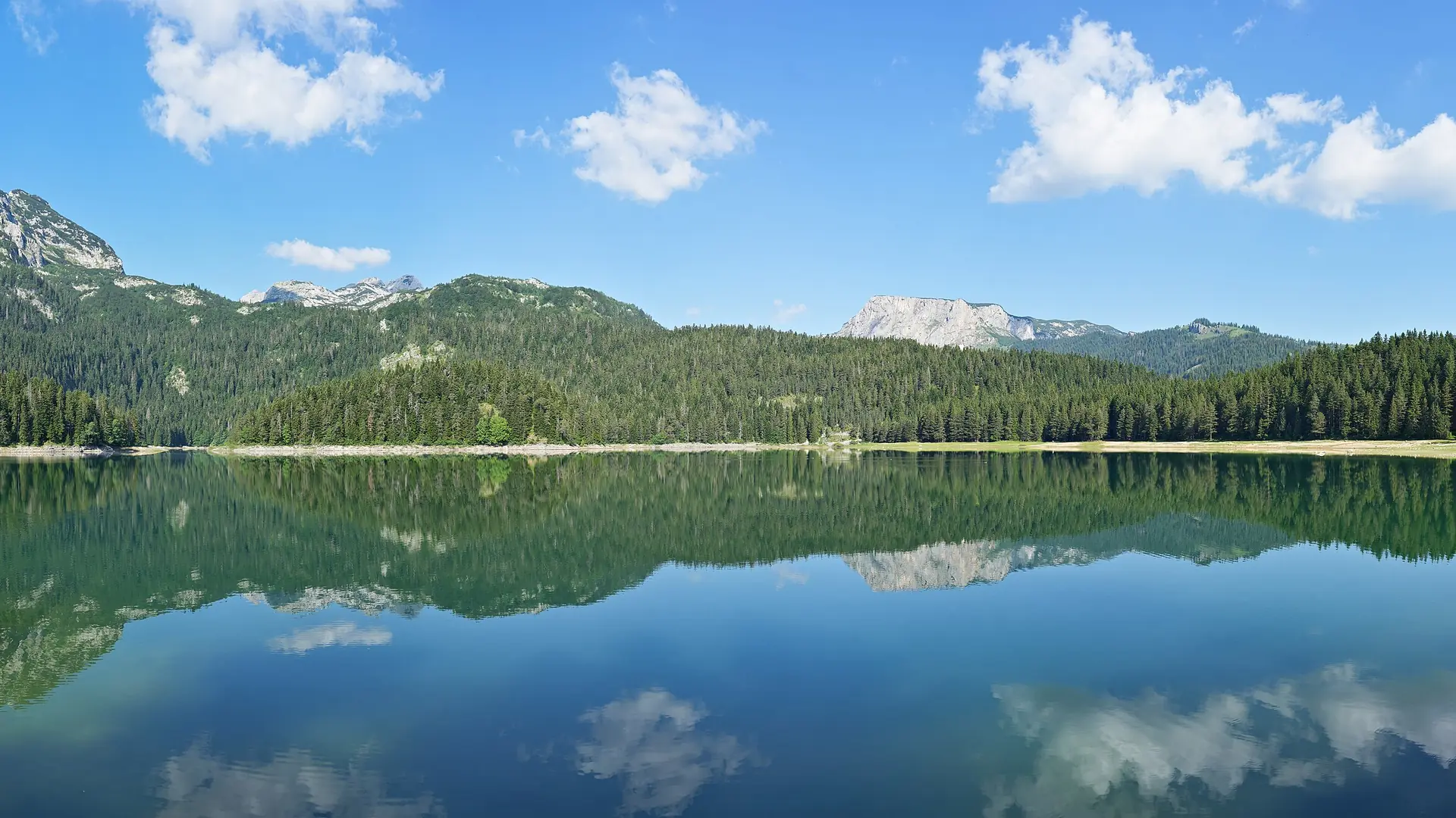 Black Lake and green Durmitor slopes near Žabljak in bright daylight
