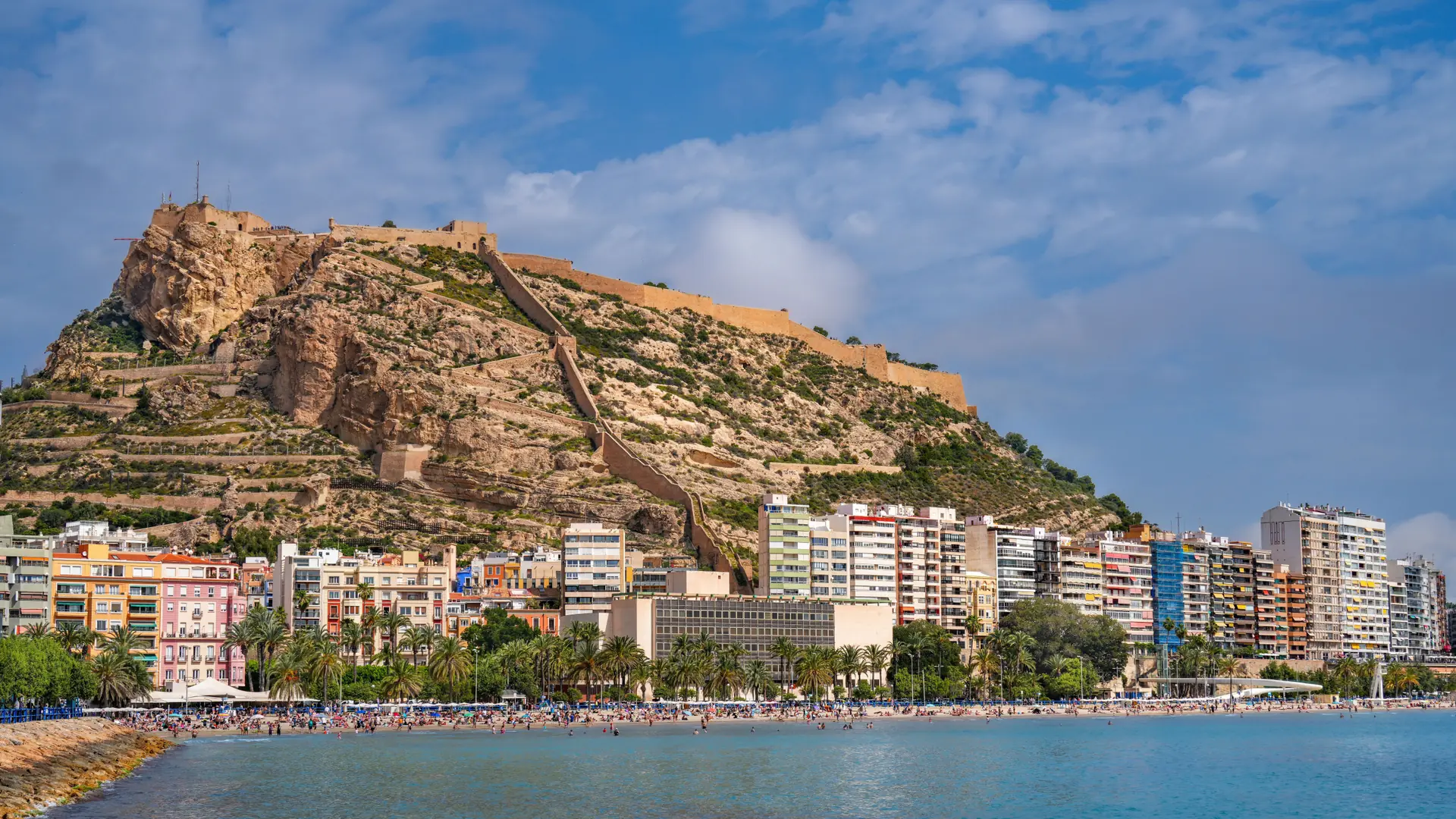 Alicante’s waterfront and Benacantil hill with Santa Bárbara Castle above the sea