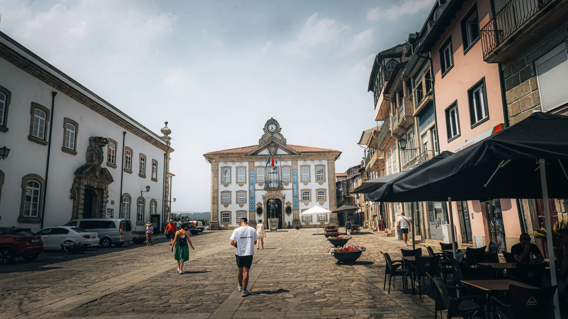 Sunny pedestrian square with historic façades in central Braga